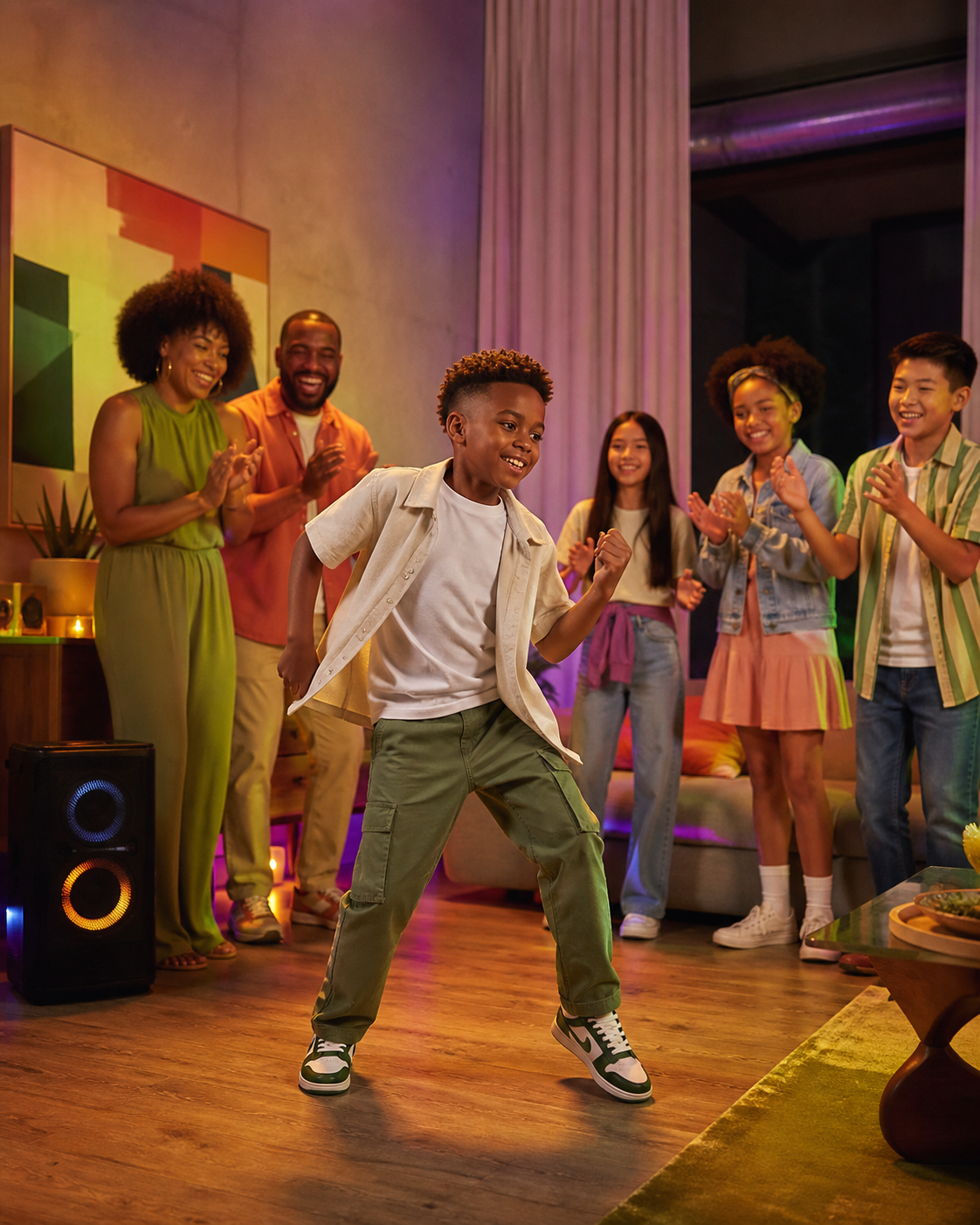 A child dancing with family and friends as a personalized birthday song plays