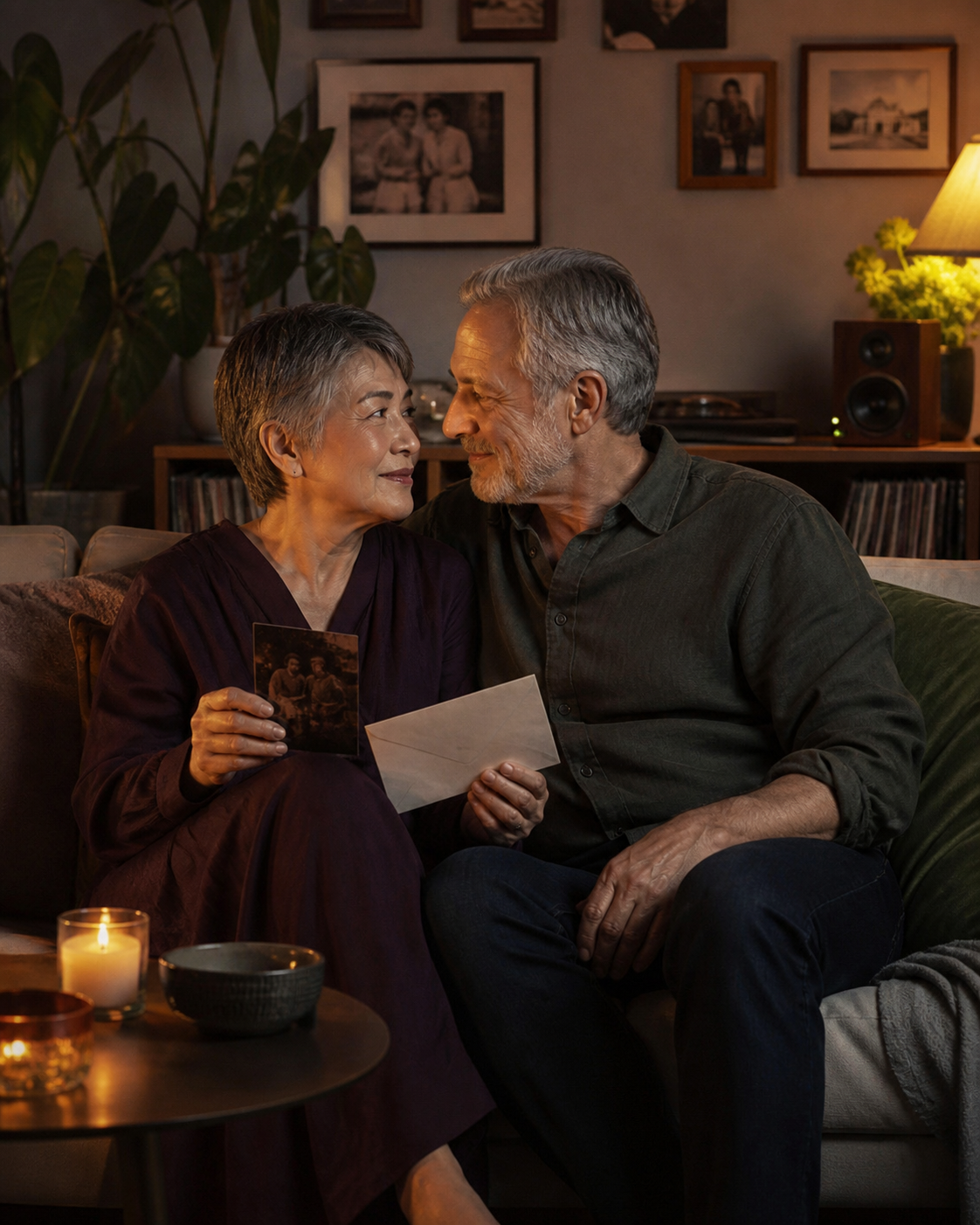 An older interracial couple listening to their custom song together at home