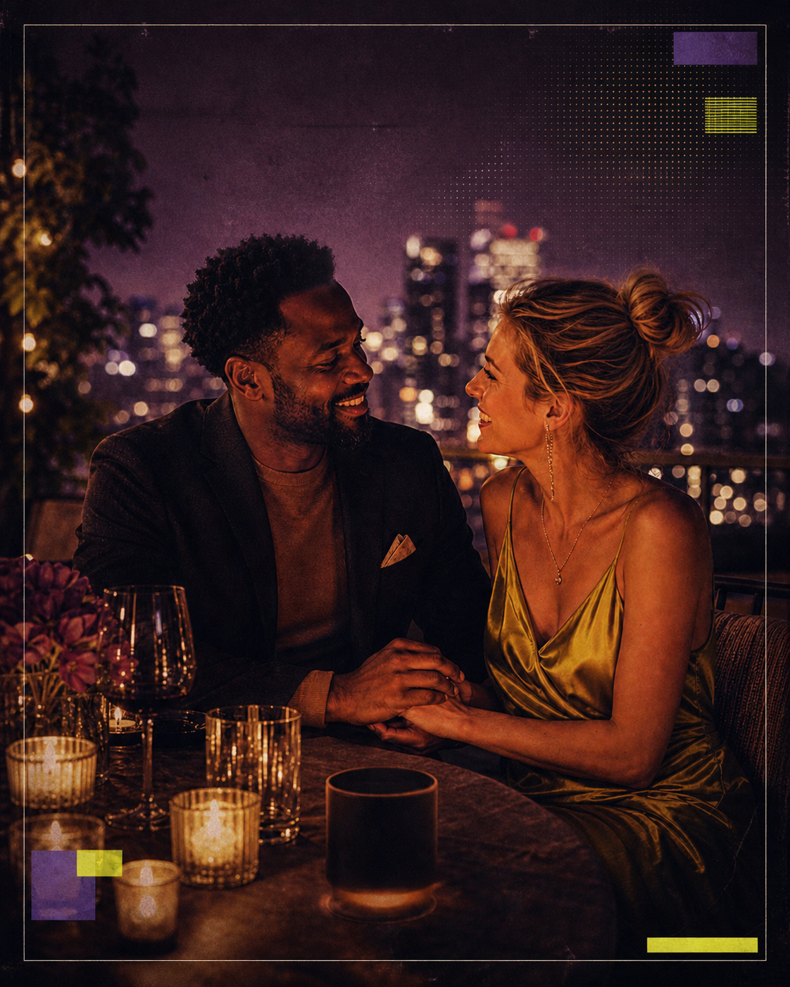 Album-cover portrait of a Black man and white woman sharing their custom love song at a rooftop dinner