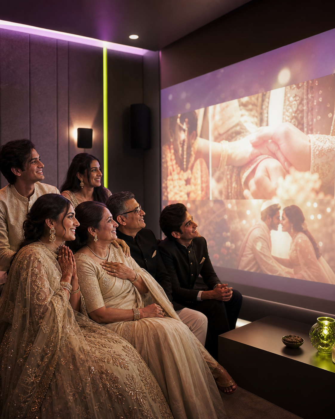 A South Asian family watching their custom wedding music film together